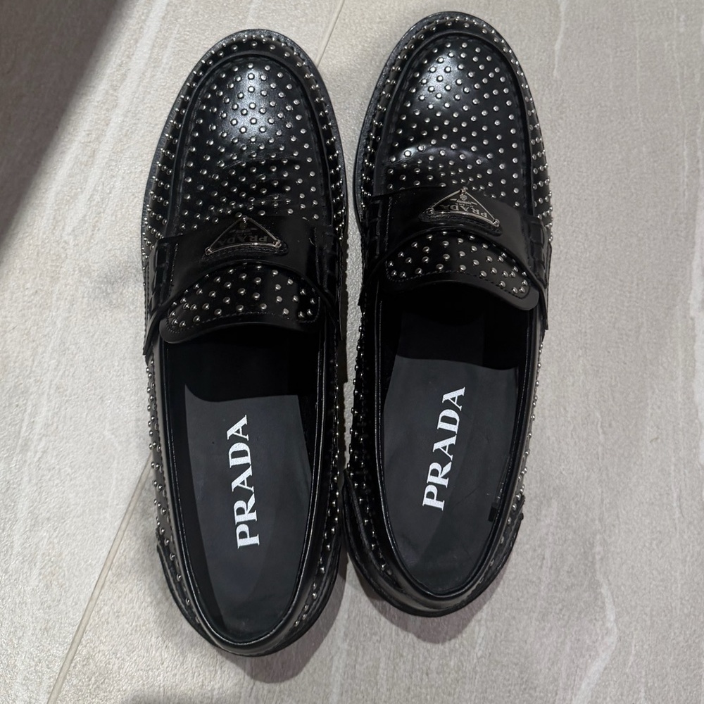 Prada Black Studded Leather Slip-On Loafers